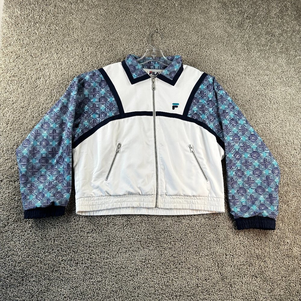 VINTAGE Fila Jacket Womens Medim White Blue Geometric Track Coat Full Zip Ladies